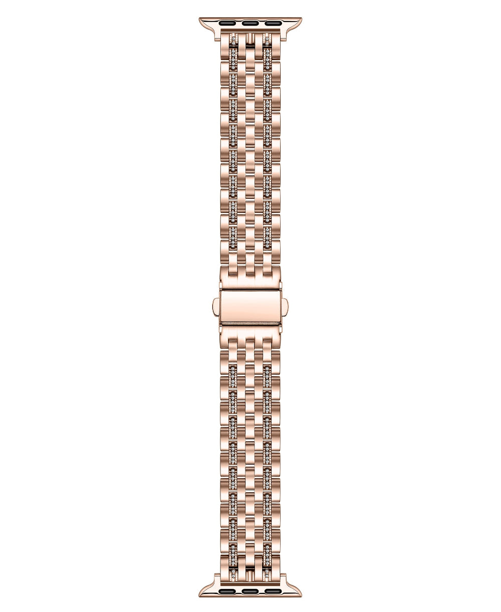 Rose gold rhinestone stainless steel Apple Watch band, flat top-down