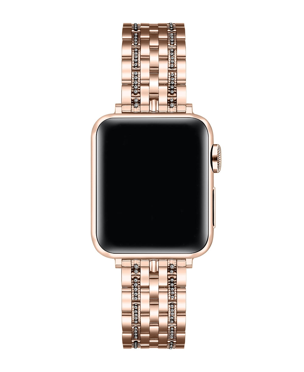 Rose gold rhinestone Apple Watch band front-facing on watch face