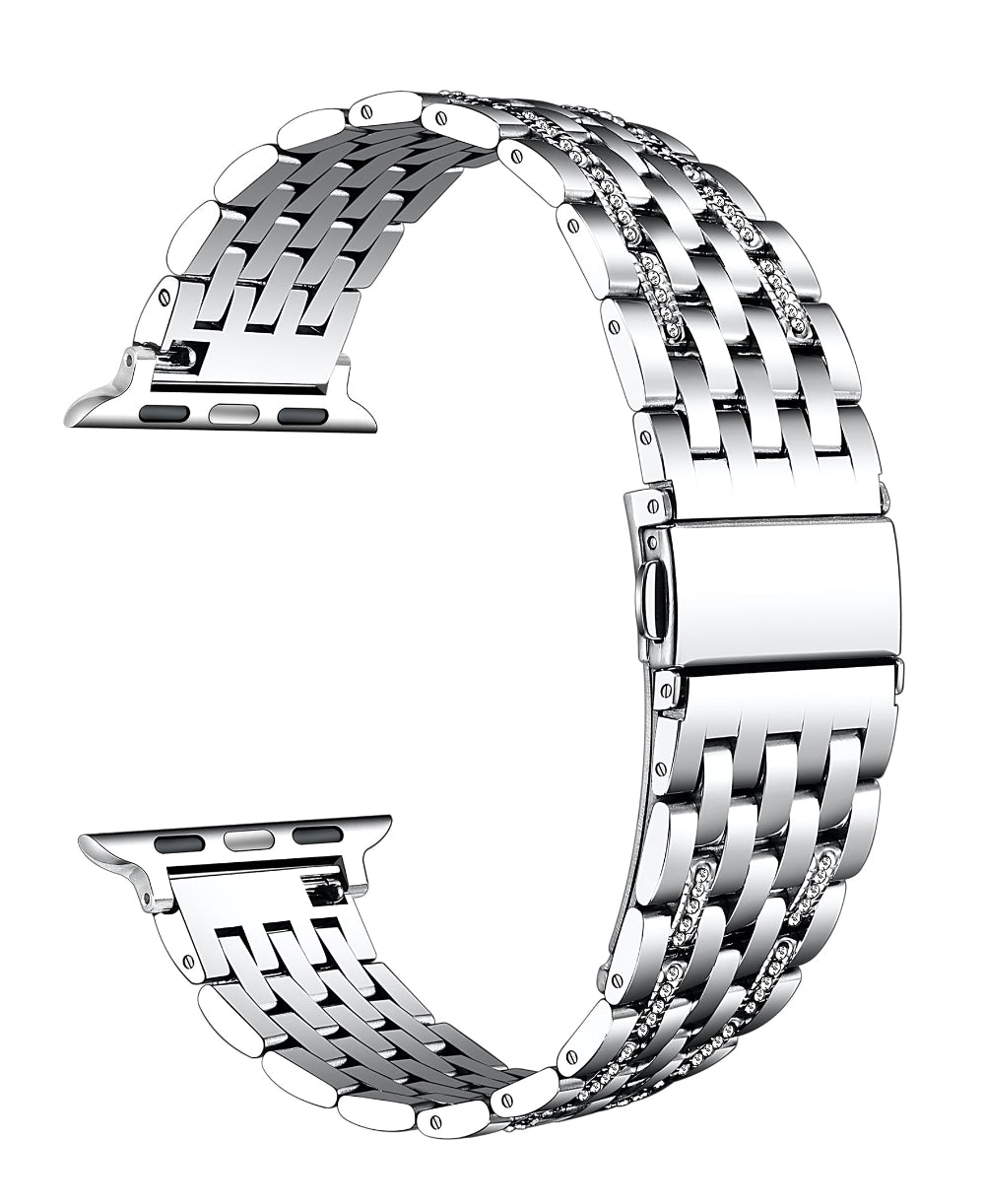 Silver rhinestone stainless steel Apple Watch band, floating link layout