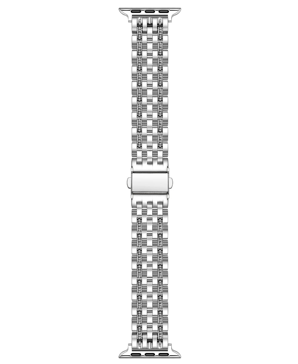 Silver rhinestone stainless steel Apple Watch band, flat top-down view