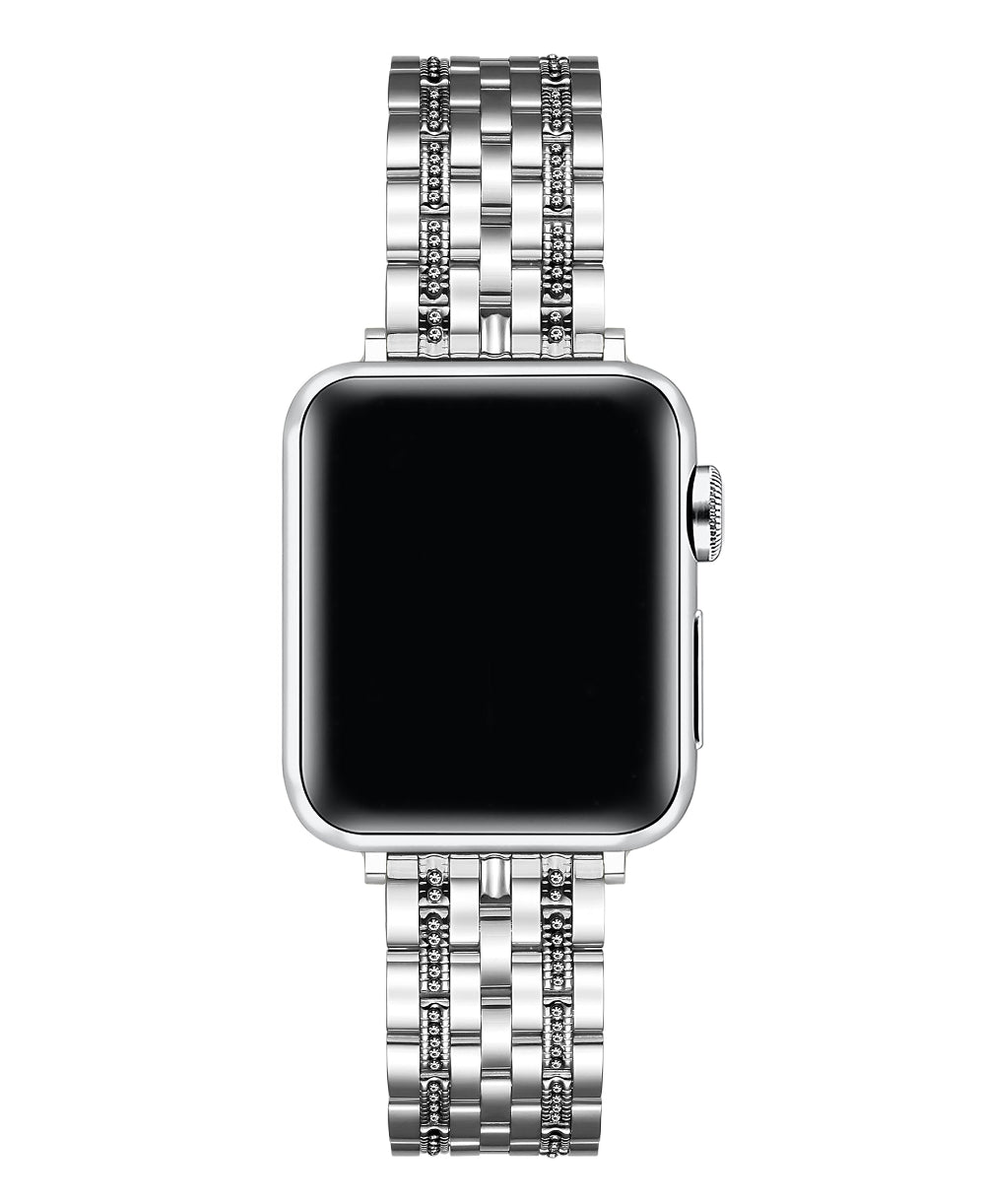 Silver rhinestone Apple Watch band front-facing on watch face