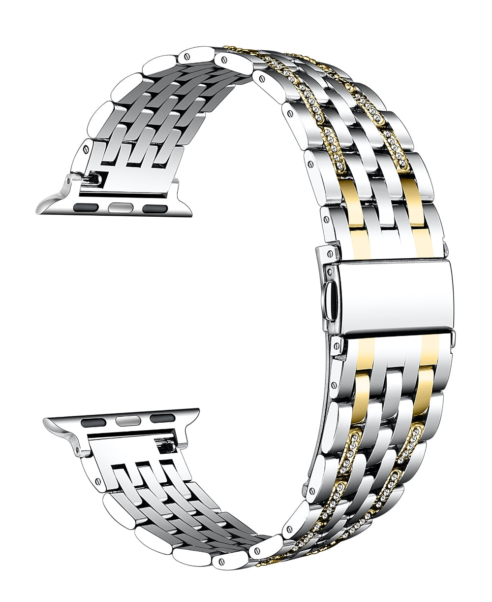 Two-tone silver and gold rhinestone Apple Watch band, floating layout