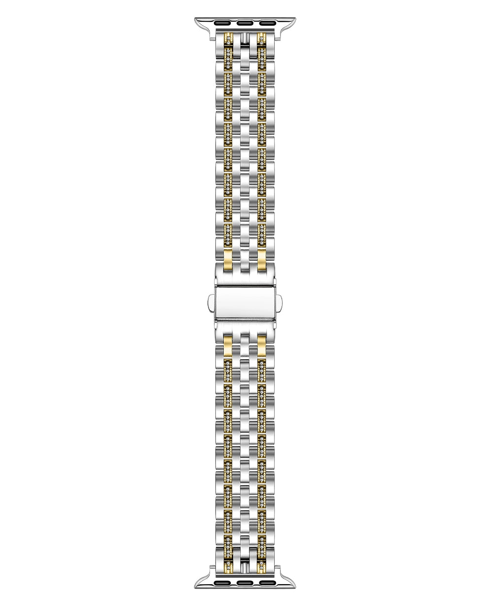 Two-tone silver gold rhinestone Apple Watch band, flat top-down view