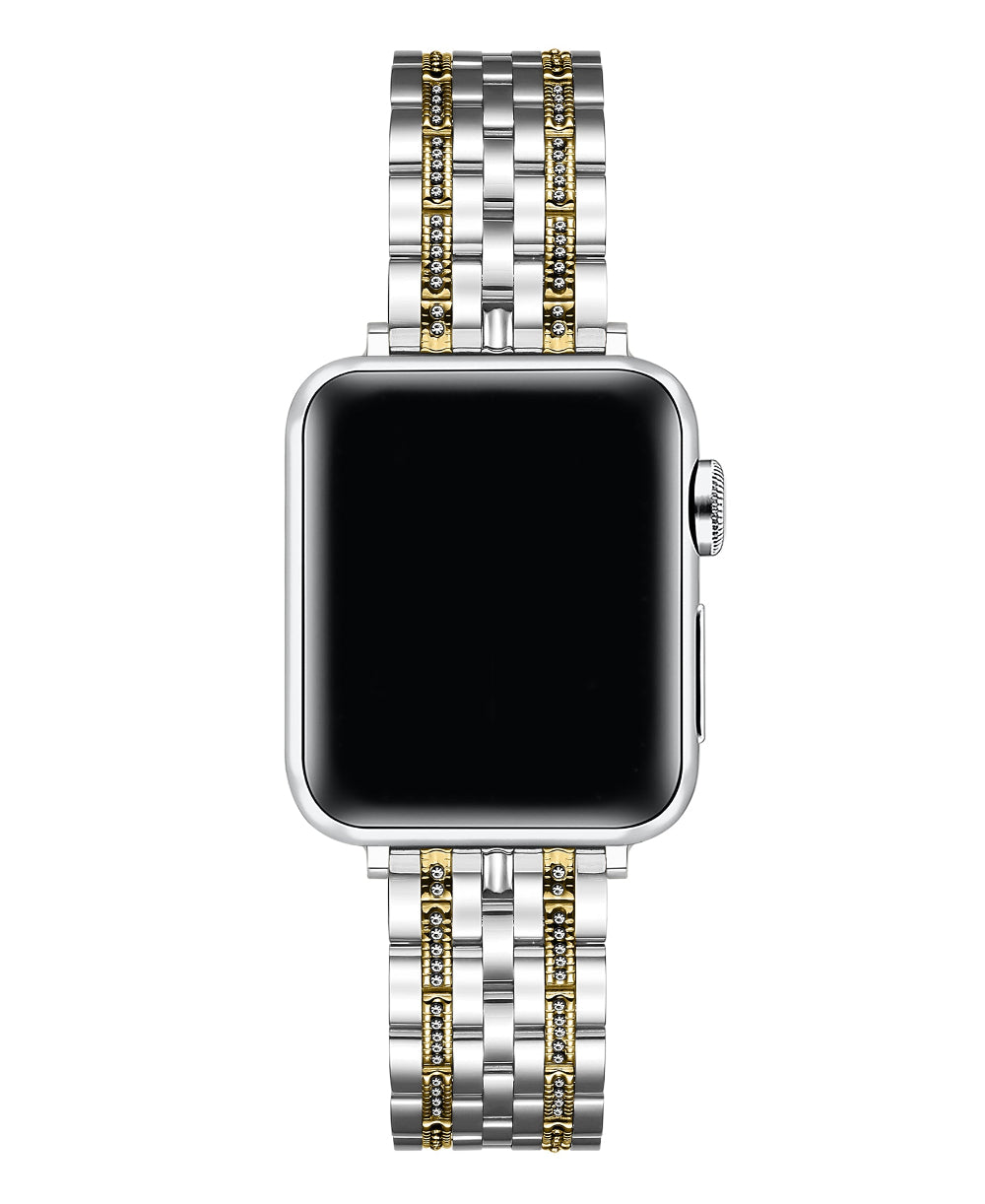 Two-tone silver gold rhinestone Apple Watch band front-facing on watch