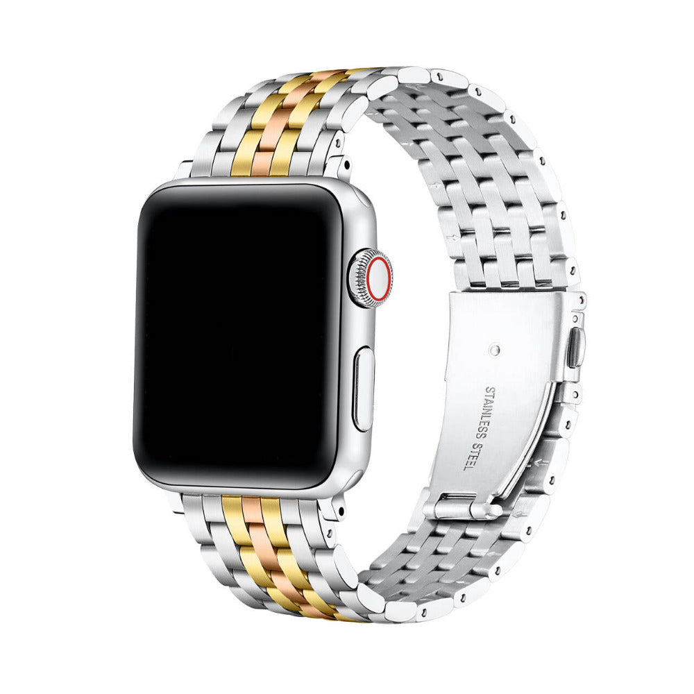 A stainless steel link watch band with a two-tone silver and gold finish, shown on a silver smartwatch with a black screen against a plain white background.