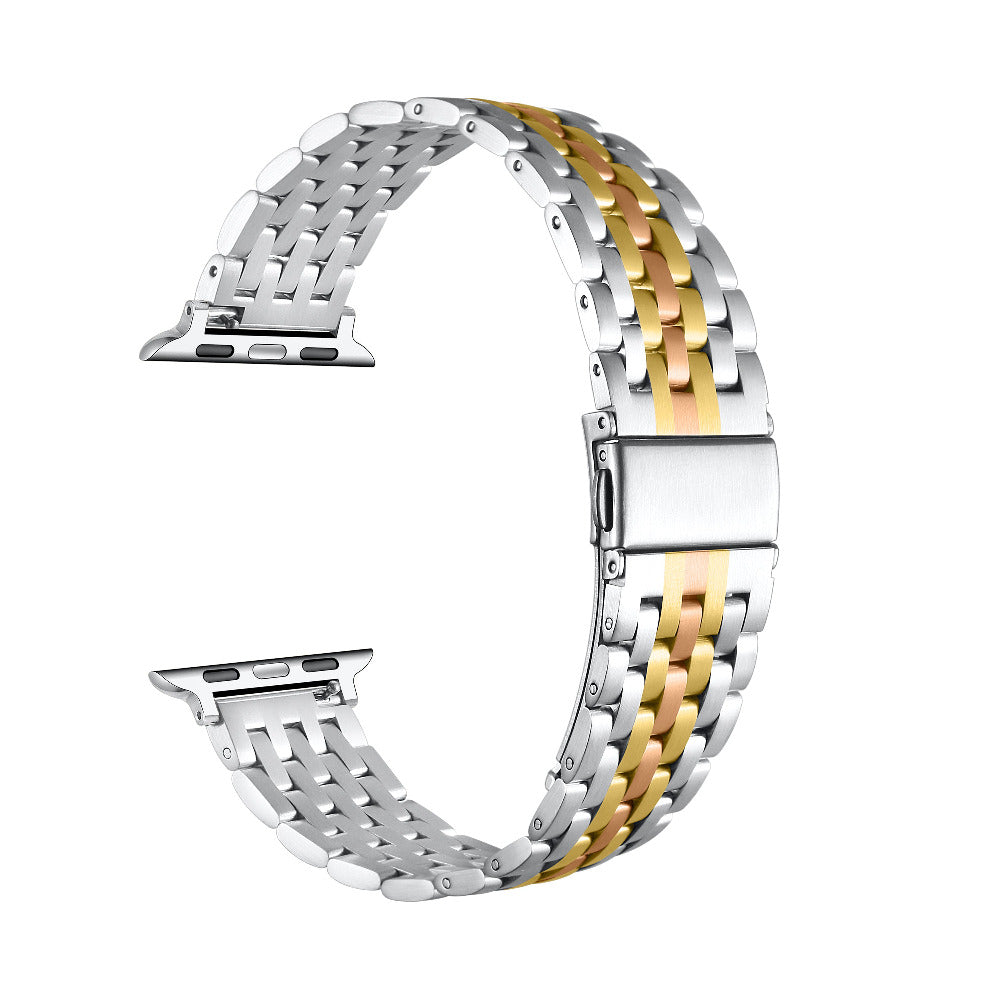 A two-tone stainless steel watch band with a silver and gold link design, shown on a clean white background.