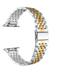 A two-tone stainless steel watch band with a silver and gold link design, shown on a clean white background.