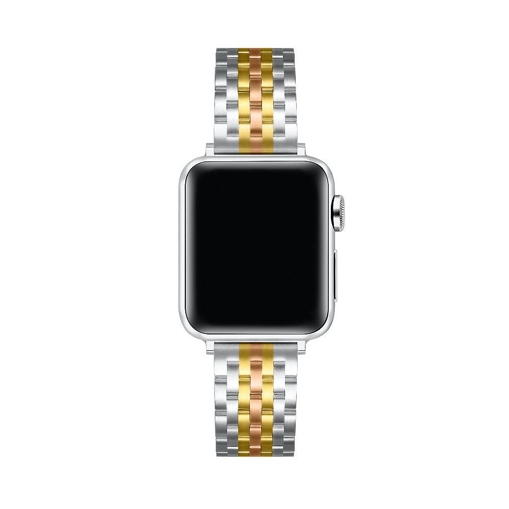 A silver and gold-tone two-tone metal smartwatch band attached to a rectangular smartwatch with a black screen, shown on a plain white background.