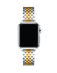 A silver and gold-tone two-tone metal smartwatch band attached to a rectangular smartwatch with a black screen, shown on a plain white background.