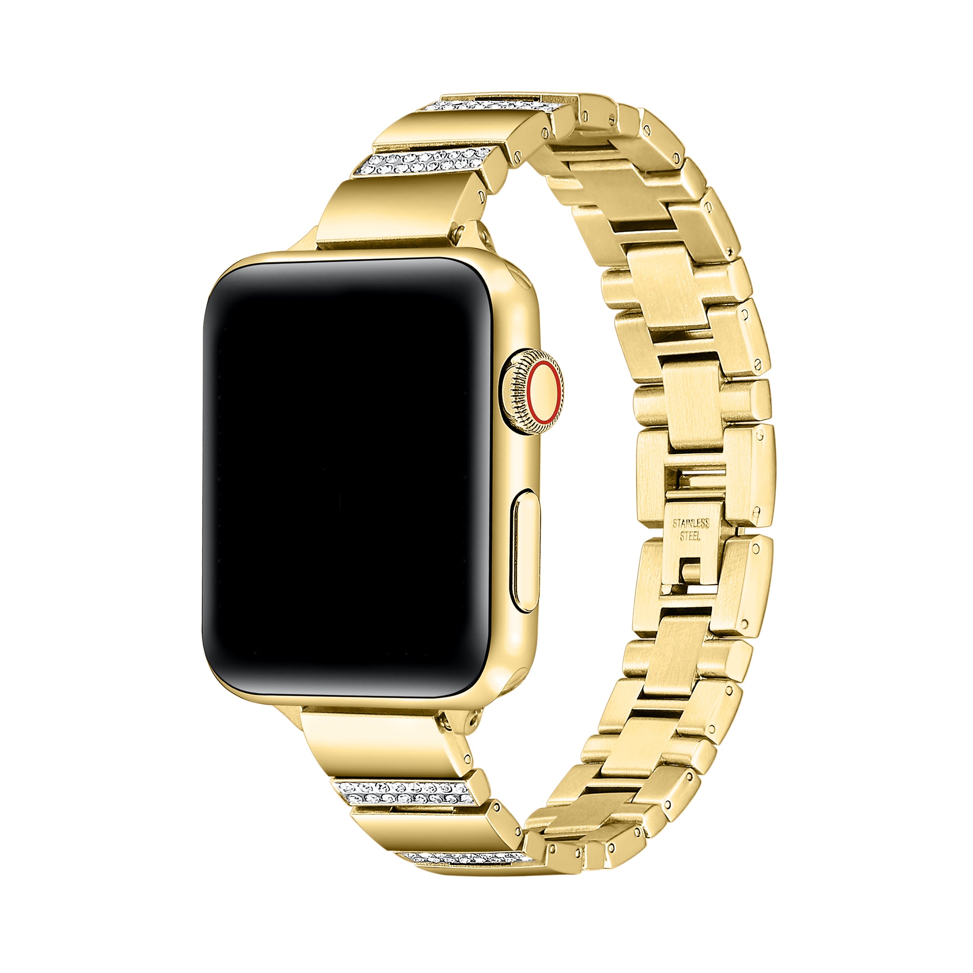 Gold rhinestone stainless steel Apple Watch® band fastened on the watch case, front view