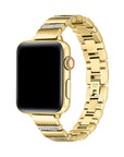 Gold rhinestone stainless steel Apple Watch® band fastened on the watch case, front view