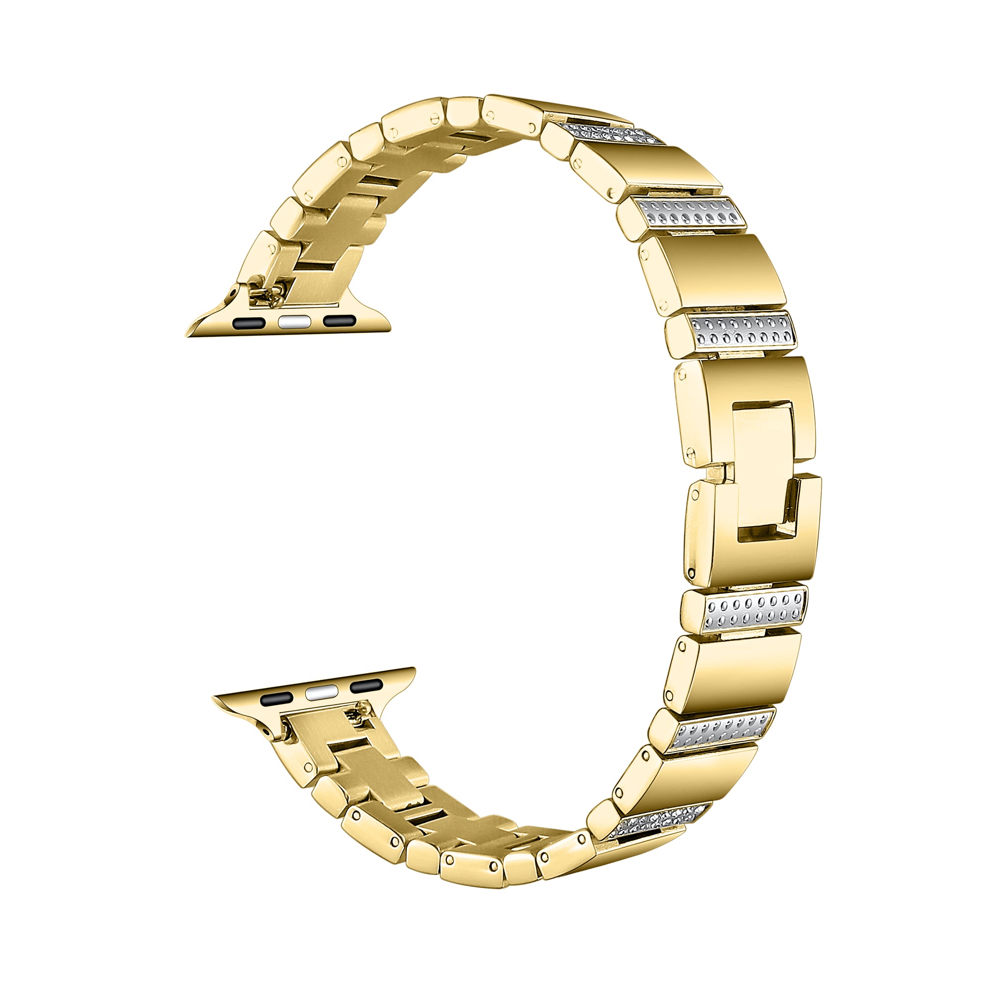 Gold rhinestone stainless steel Apple Watch® band unclasped, flat-lay view of the link bracelet