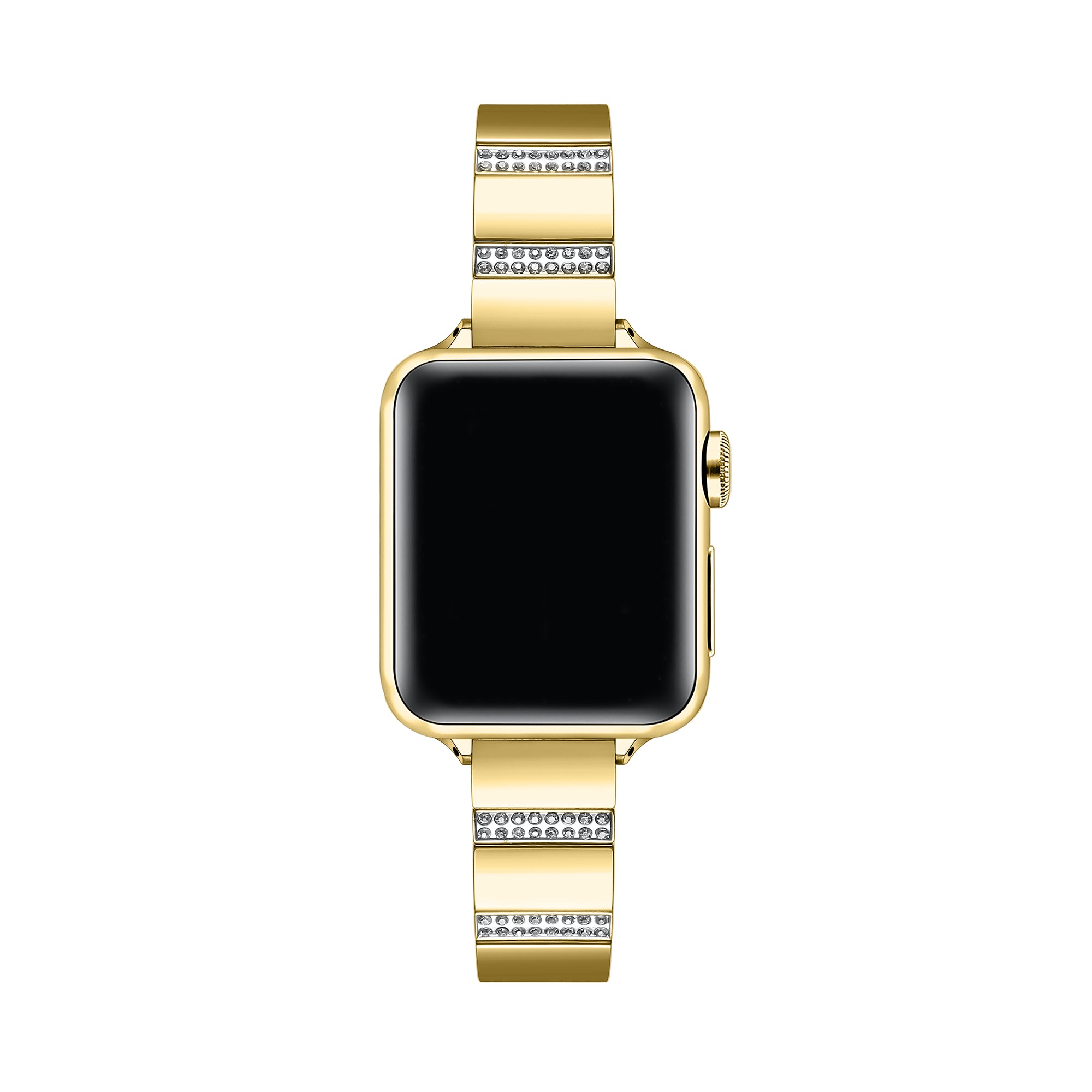 Gold rhinestone stainless steel Apple Watch® band fastened on the watch case, alternate angle
