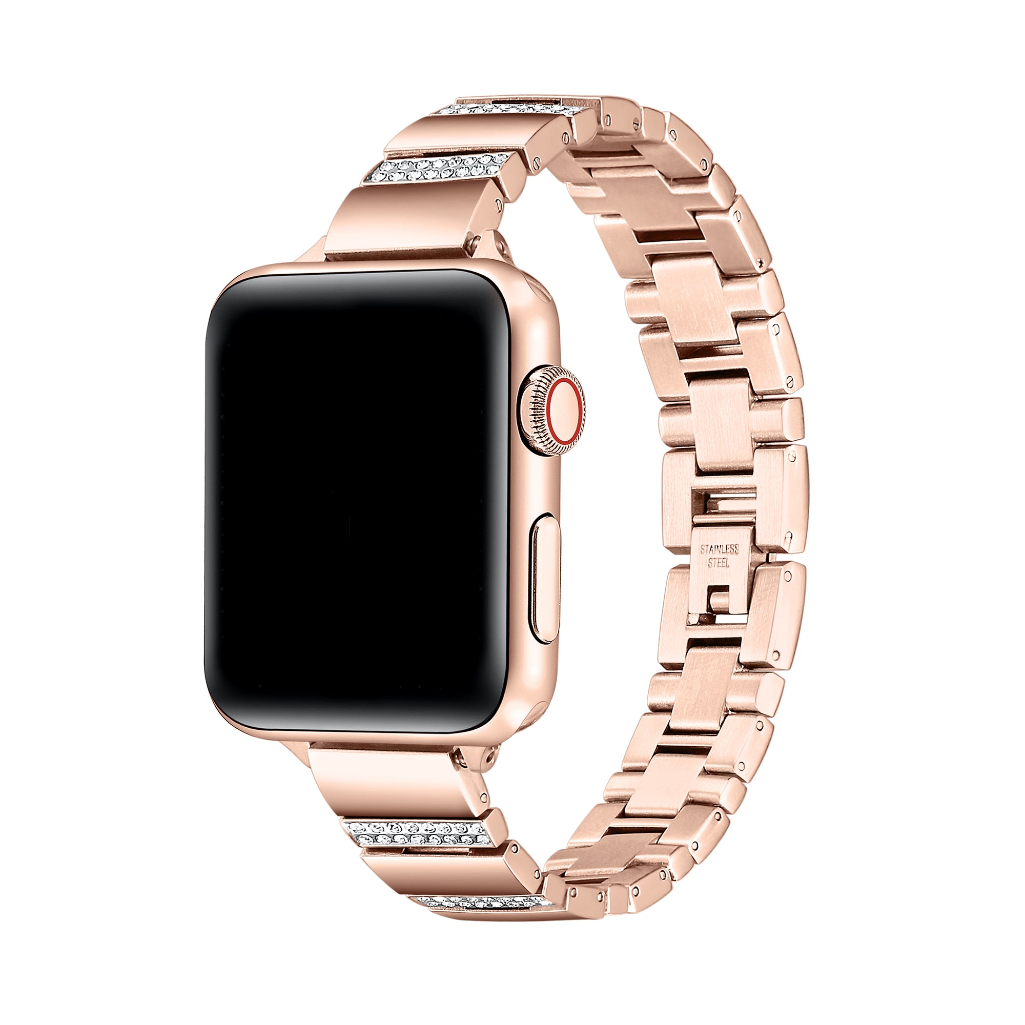 Rose Gold rhinestone stainless steel Apple Watch® band fastened on the watch case, front view