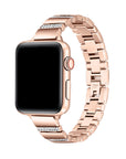 Rose Gold rhinestone stainless steel Apple Watch® band fastened on the watch case, front view