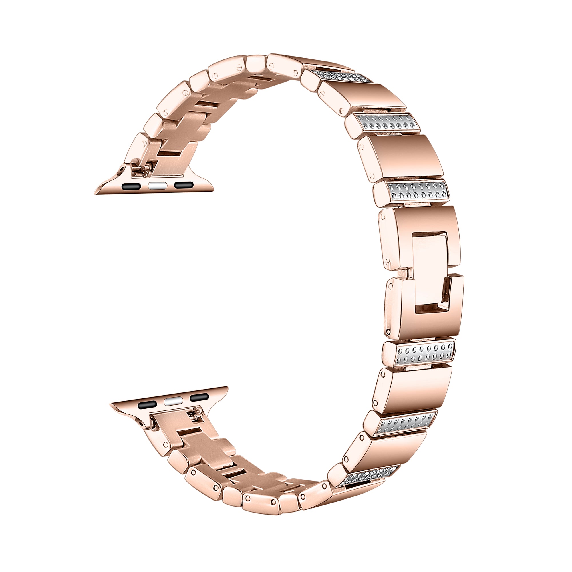 Rose Gold rhinestone stainless steel Apple Watch® band unclasped, flat-lay view of the link bracelet