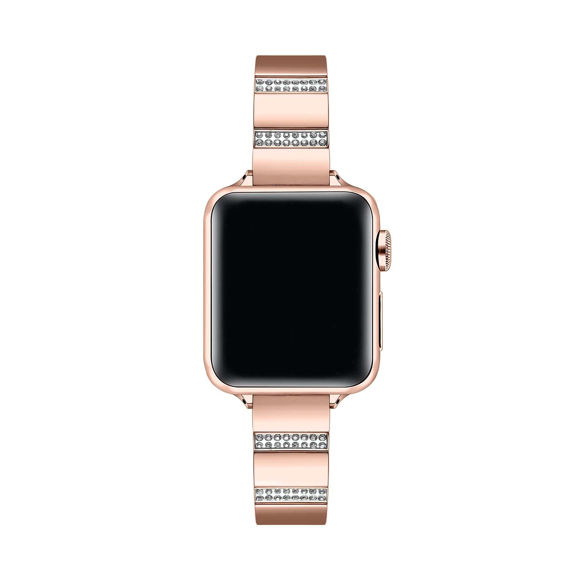 Rose Gold rhinestone stainless steel Apple Watch® band fastened on the watch case, alternate angle