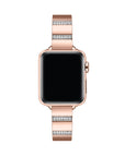 Rose Gold rhinestone stainless steel Apple Watch® band fastened on the watch case, alternate angle