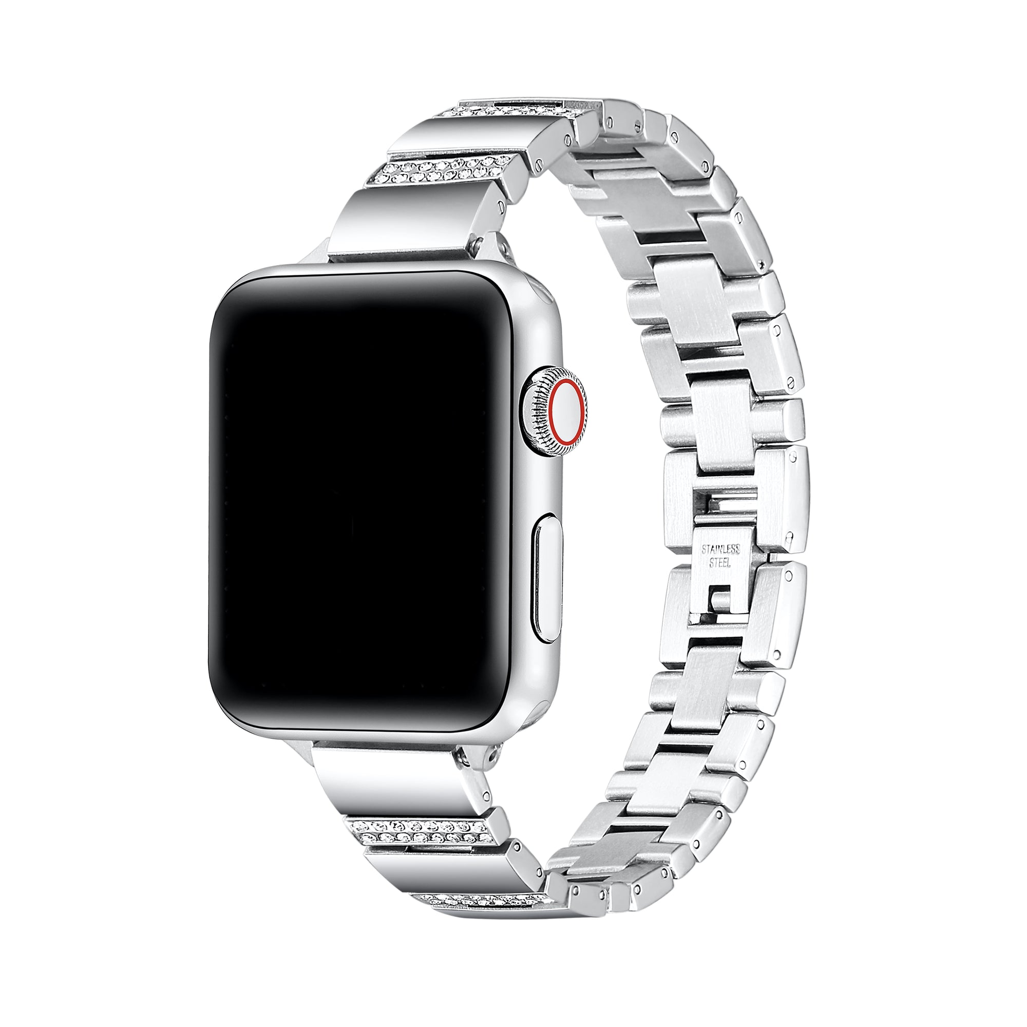 Silver rhinestone stainless steel Apple Watch® band fastened on the watch case, front view