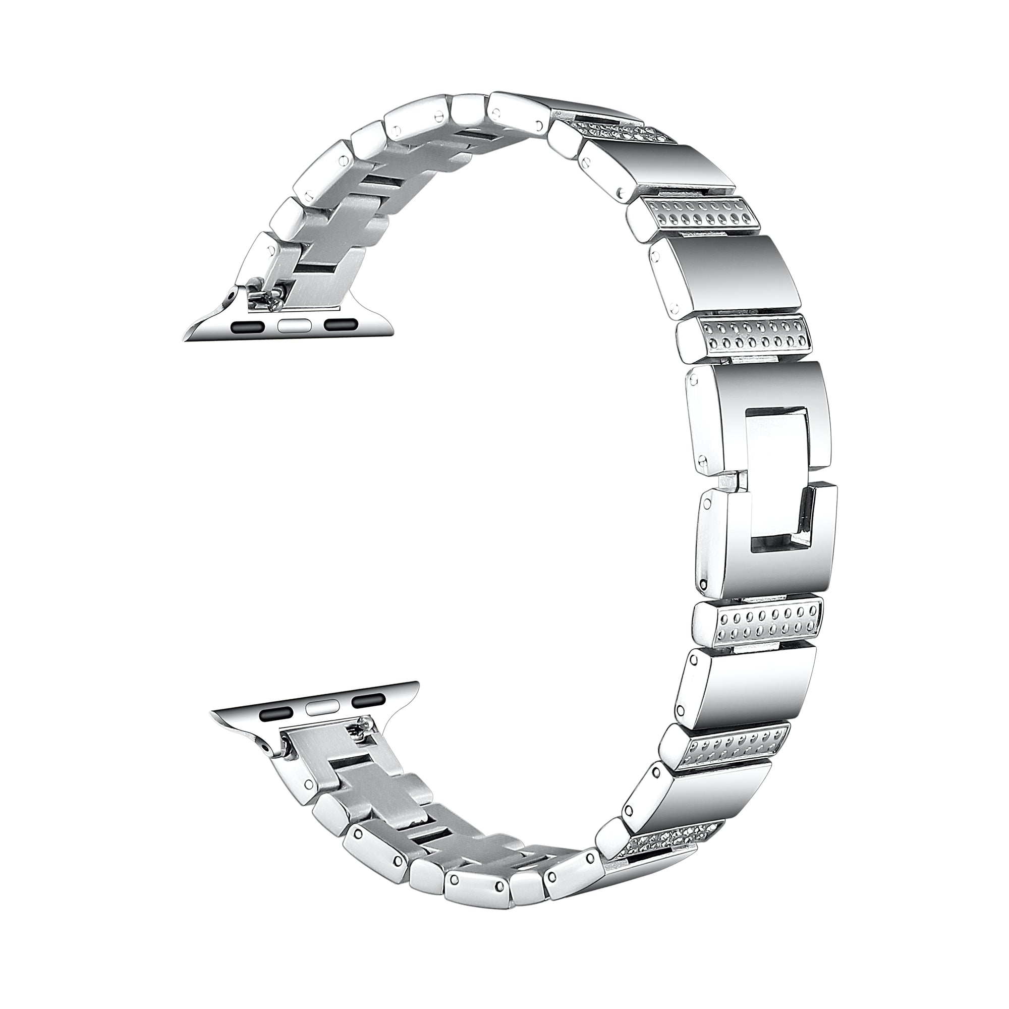 Silver rhinestone stainless steel Apple Watch® band unclasped, flat-lay view of the link bracelet