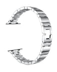 Silver rhinestone stainless steel Apple Watch® band unclasped, flat-lay view of the link bracelet