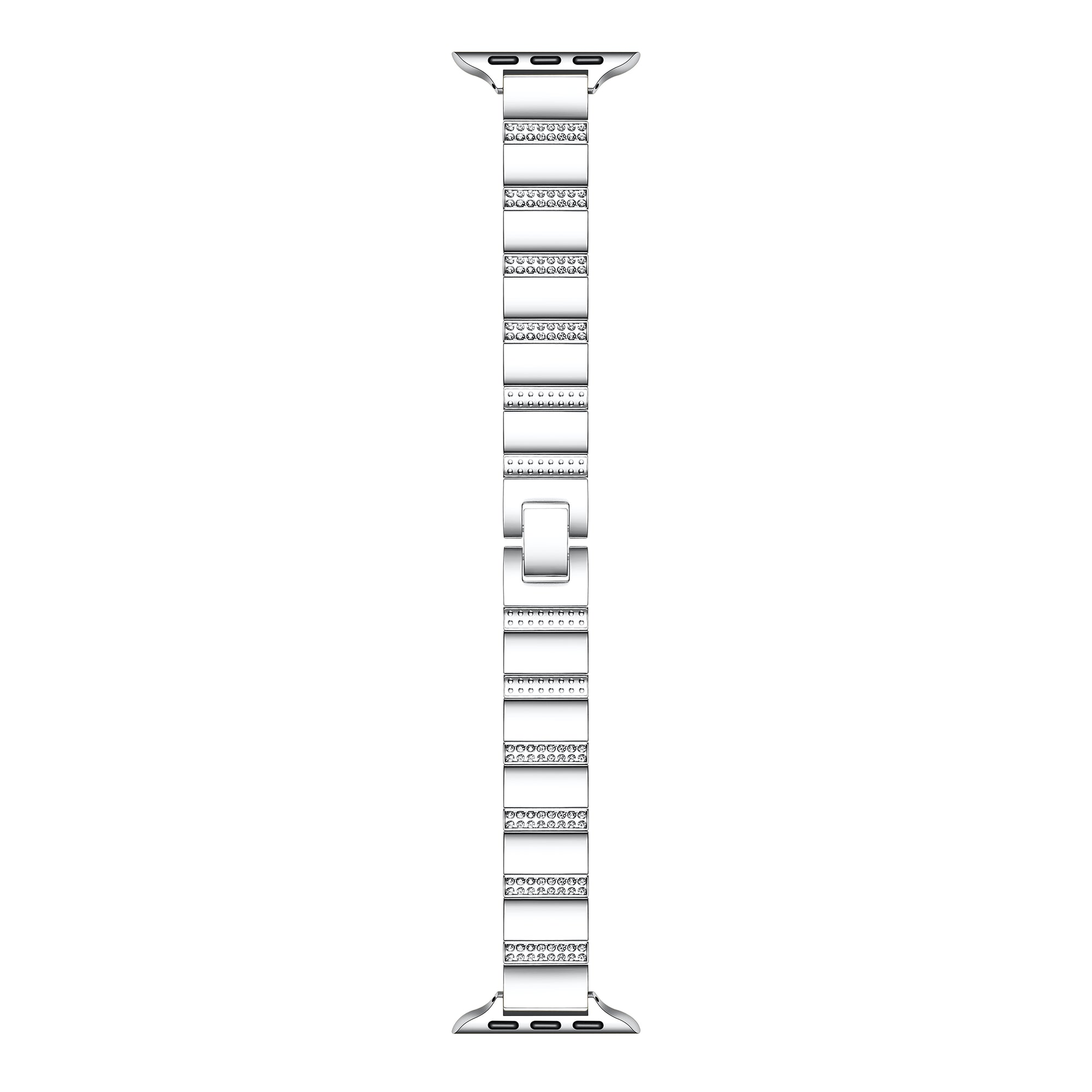 Silver rhinestone stainless steel Apple Watch® band close-up, detail view of the rhinestone-set links
