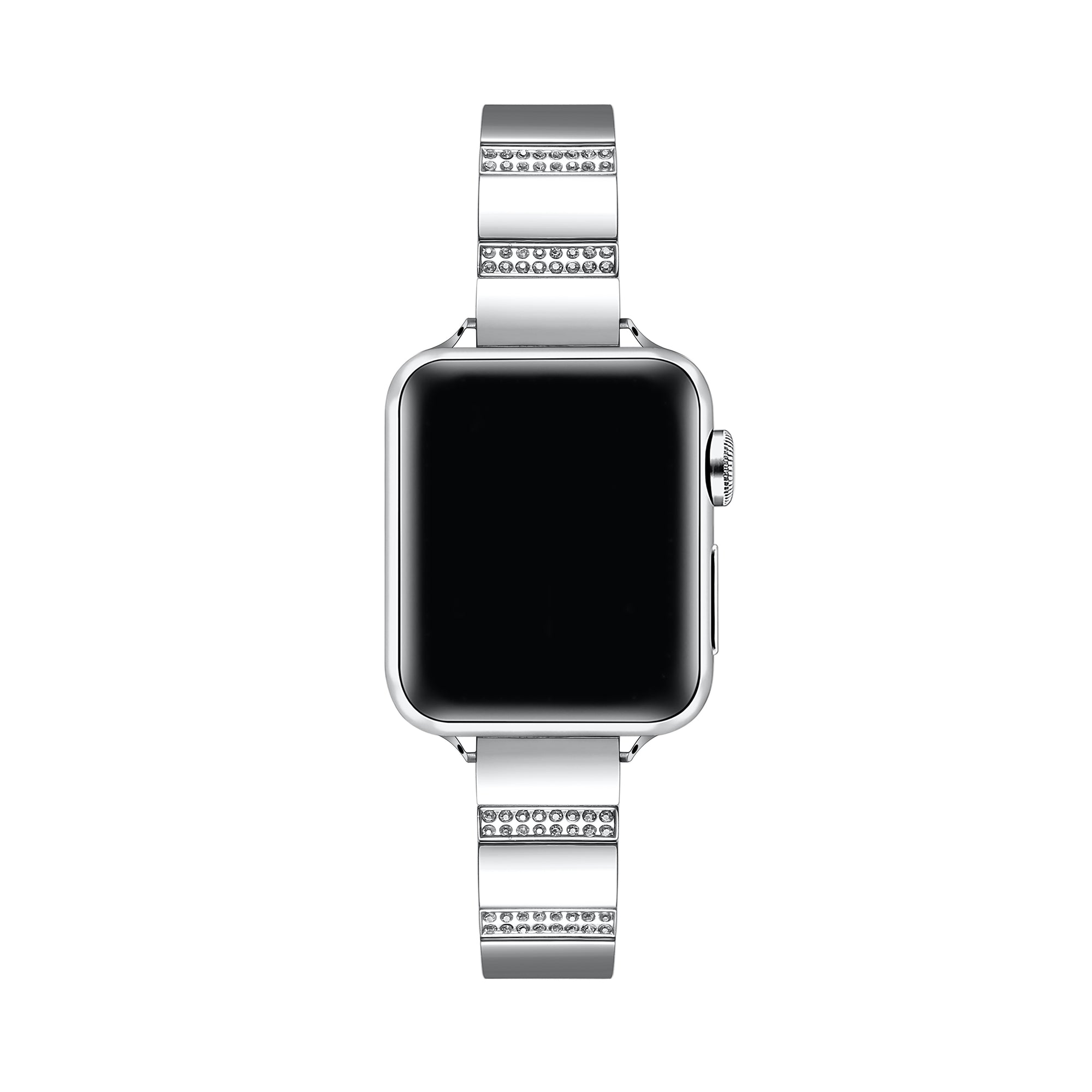 Silver rhinestone stainless steel Apple Watch® band fastened on the watch case, alternate angle