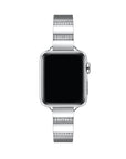 Silver rhinestone stainless steel Apple Watch® band fastened on the watch case, alternate angle