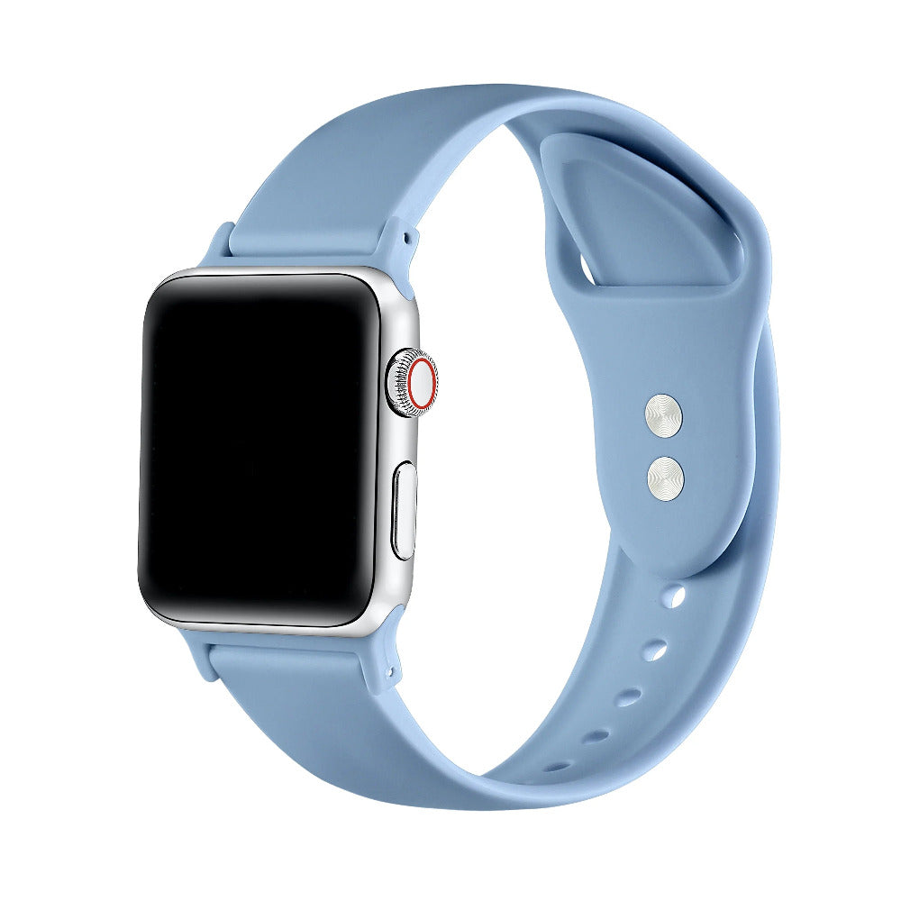 Ice blue silicone Apple Watch® band fastened on the watch case, front view
