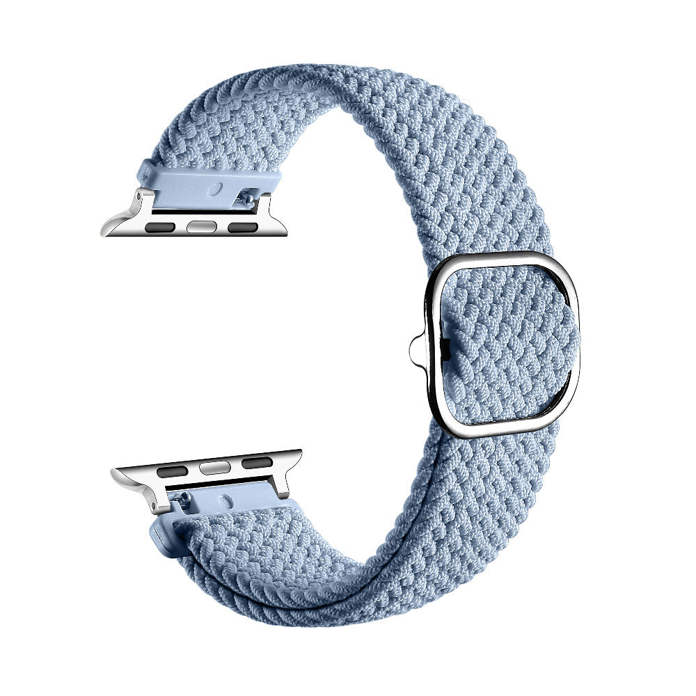 Aura Blue nylon loop Apple Watch band shown in a closed loop, front and back view