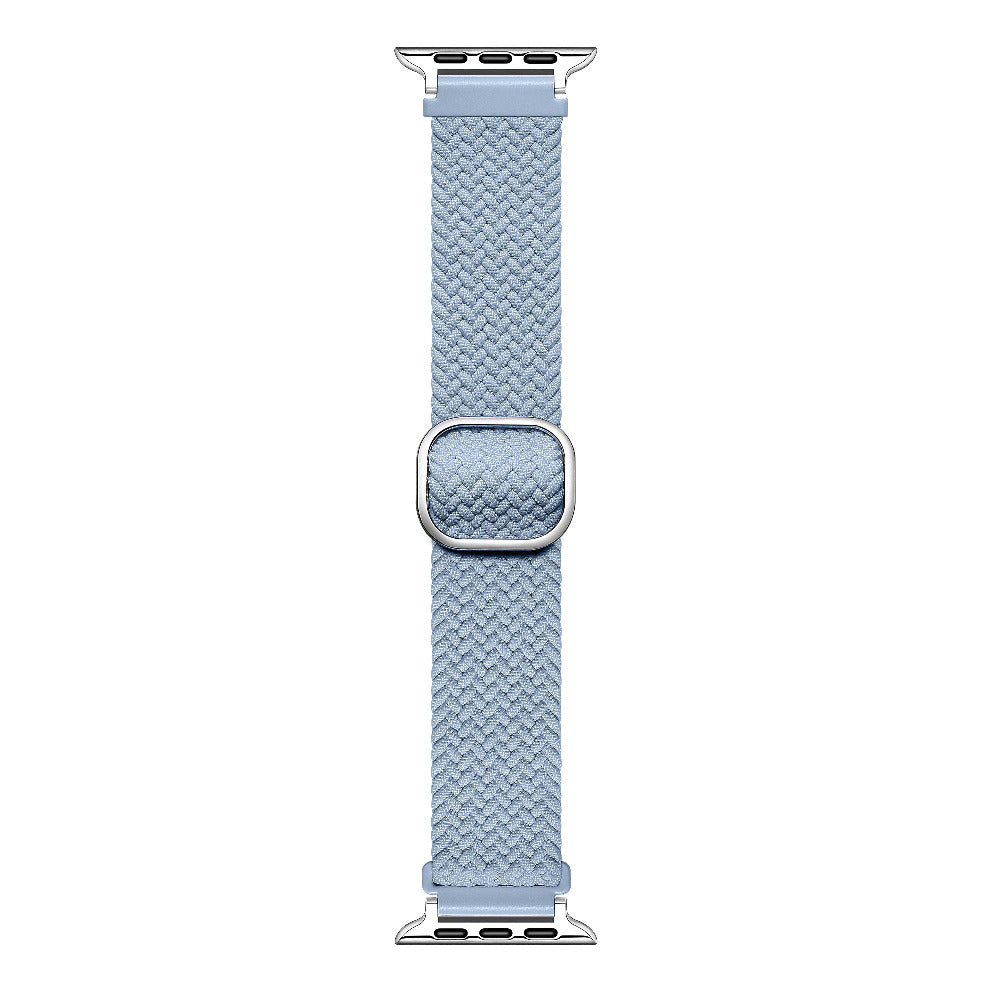 Aura Blue braided nylon Apple Watch band laid flat showing woven texture and sliding buckle