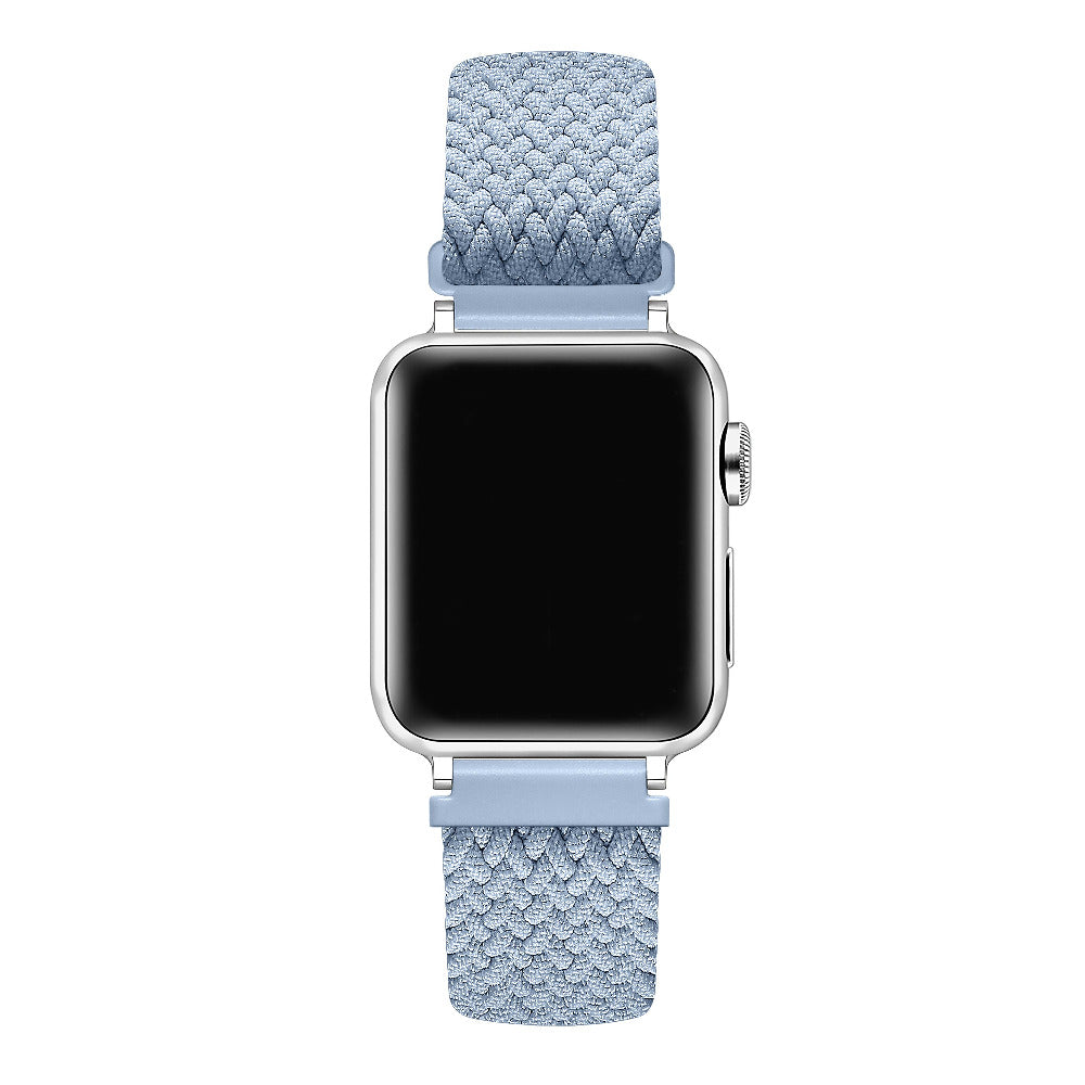 Aura Blue nylon loop Apple Watch band on watch face, front view