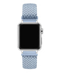 Aura Blue nylon loop Apple Watch band on watch face, front view