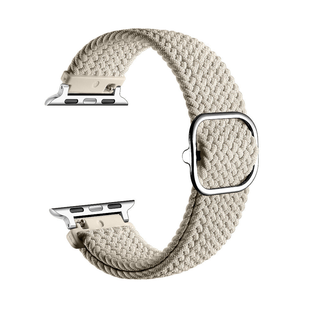 Oatmilk nylon loop Apple Watch band shown in a closed loop, front and back view