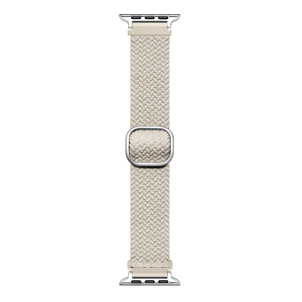 Oatmilk braided nylon Apple Watch band laid flat showing woven texture and sliding buckle