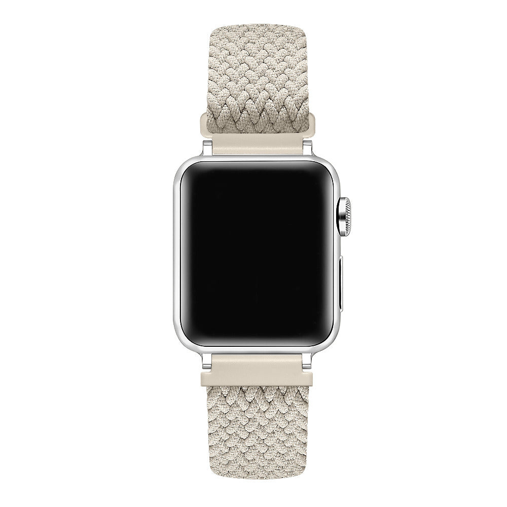 Oatmilk nylon loop Apple Watch band on watch face, front view