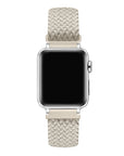 Oatmilk nylon loop Apple Watch band on watch face, front view