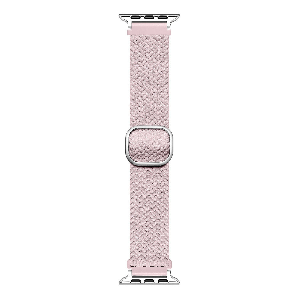 Light Pink braided nylon Apple Watch band laid flat showing woven texture and sliding buckle