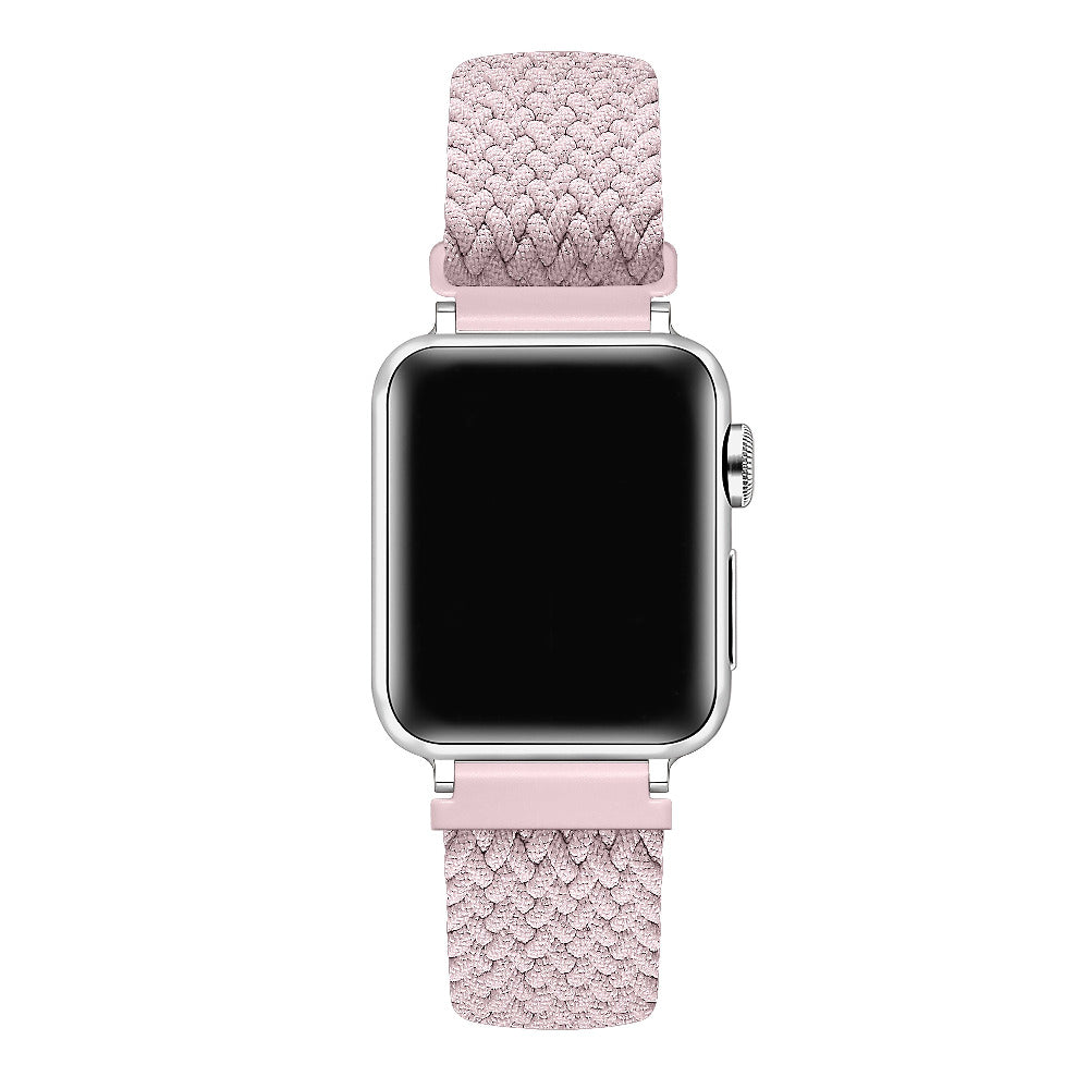 Light Pink nylon loop Apple Watch band on watch face, front view