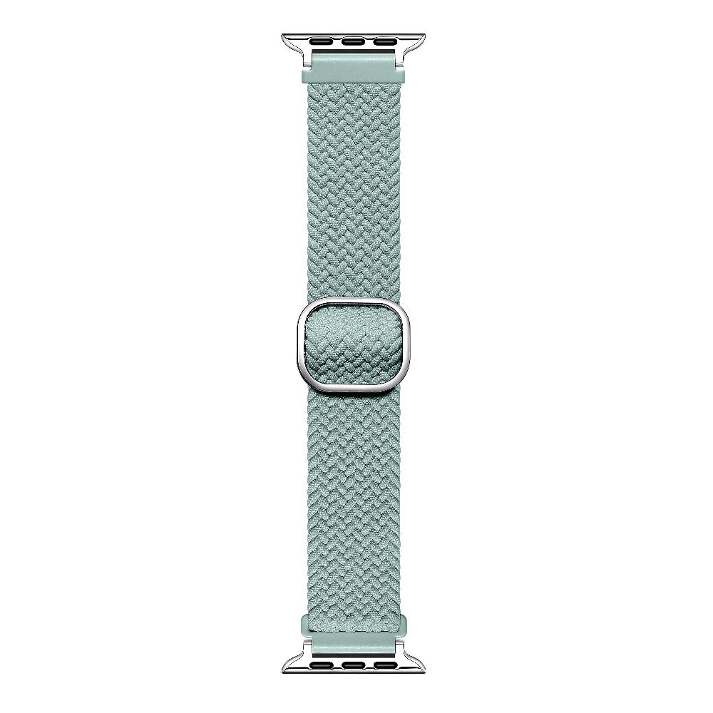 Sage Green braided nylon Apple Watch band laid flat showing woven texture and sliding buckle