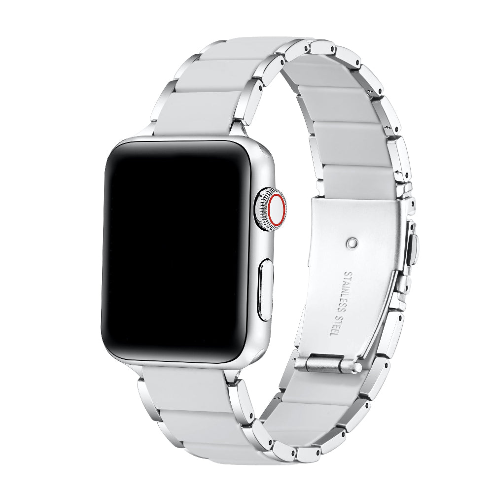 Silver and grey silicone Apple Watch band angled view on watch