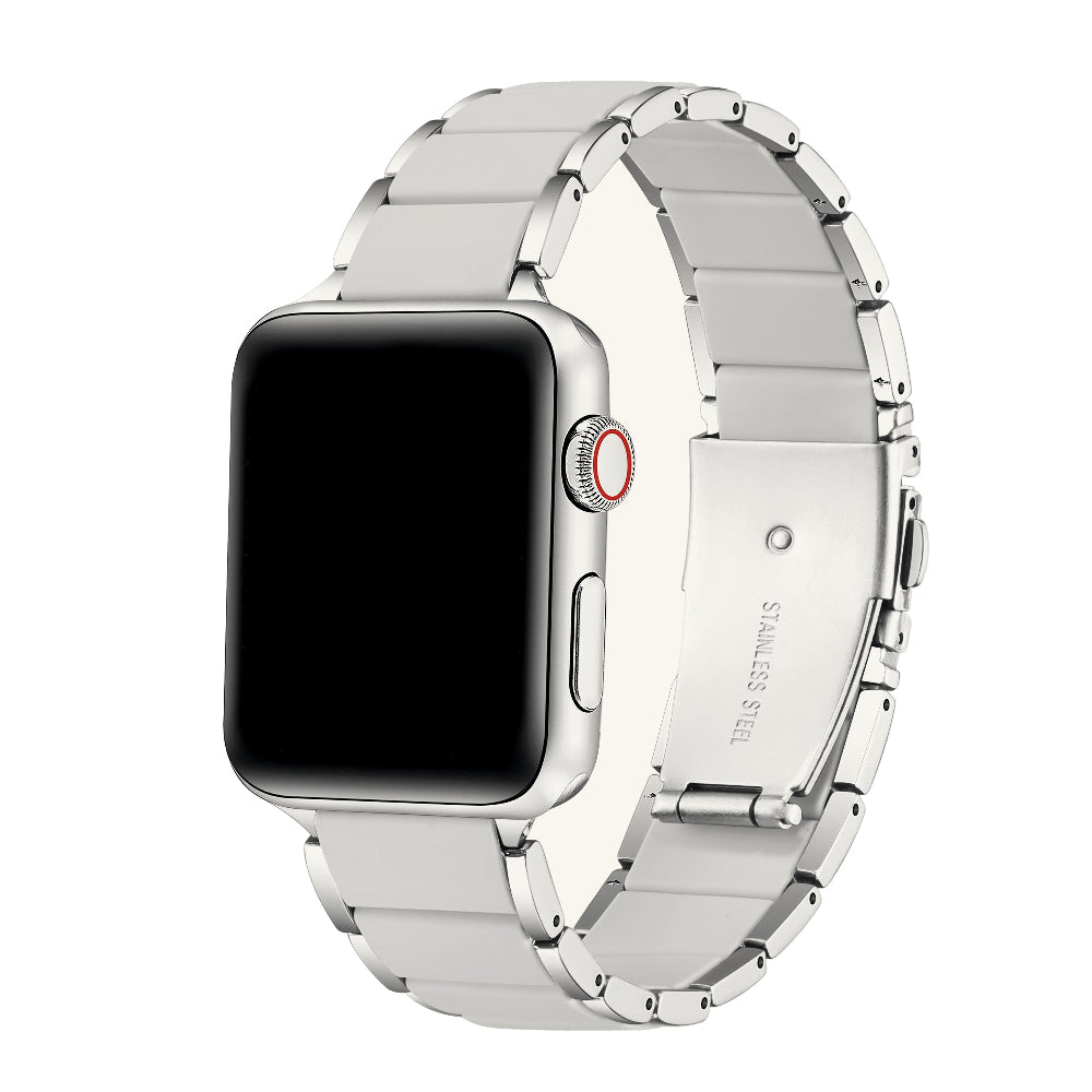 Silver and grey silicone Apple Watch band angled view on watch