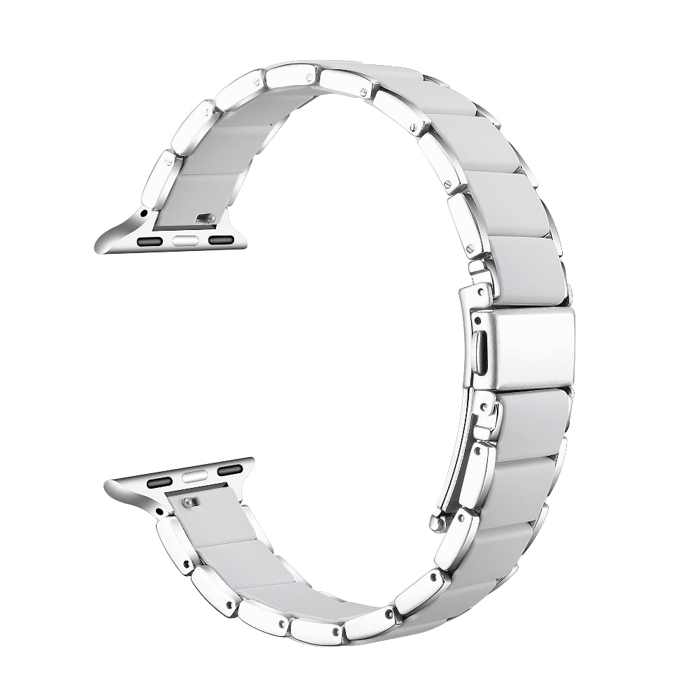 Silver and grey silicone Apple Watch band floating link layout