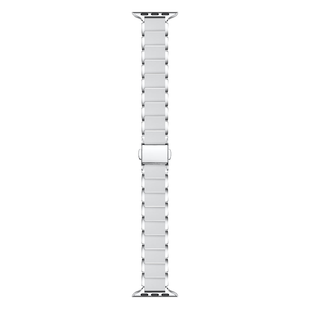 Silver stainless steel and grey silicone Apple Watch band flat layout