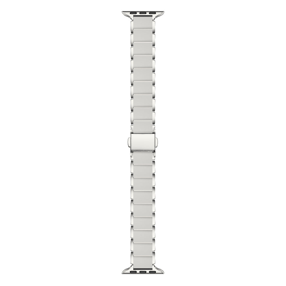 Silver stainless steel and grey silicone Apple Watch band flat layout