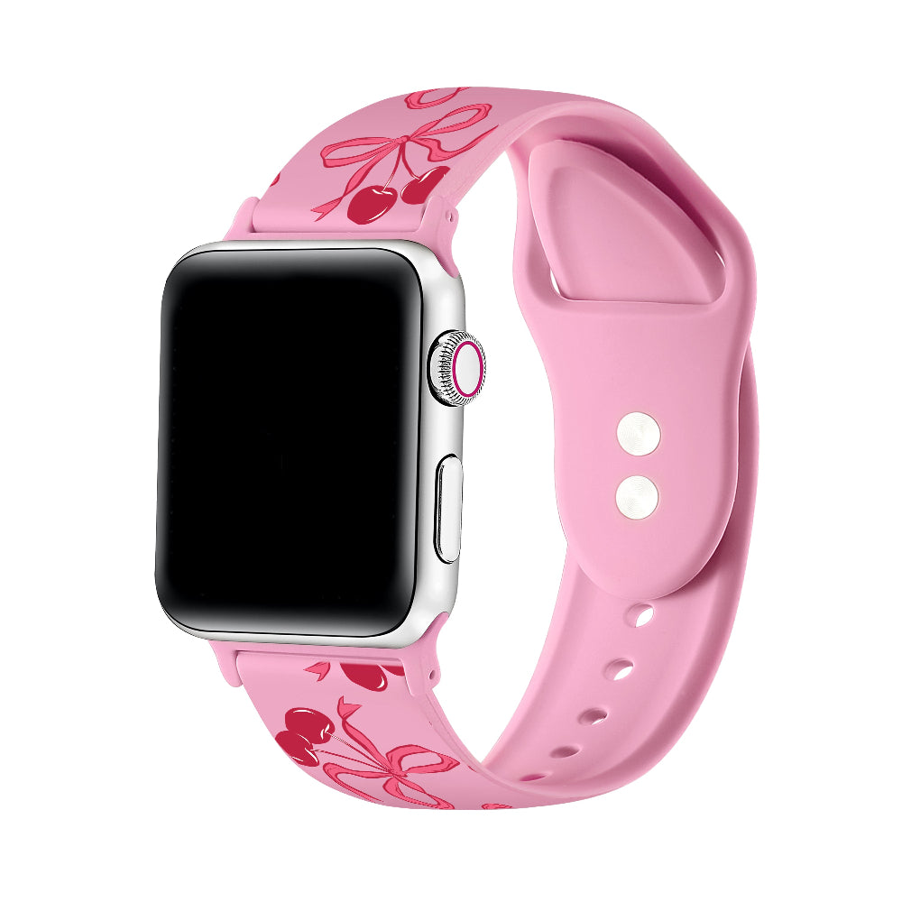 Smartwatch with a pink floral-patterned band on a white background