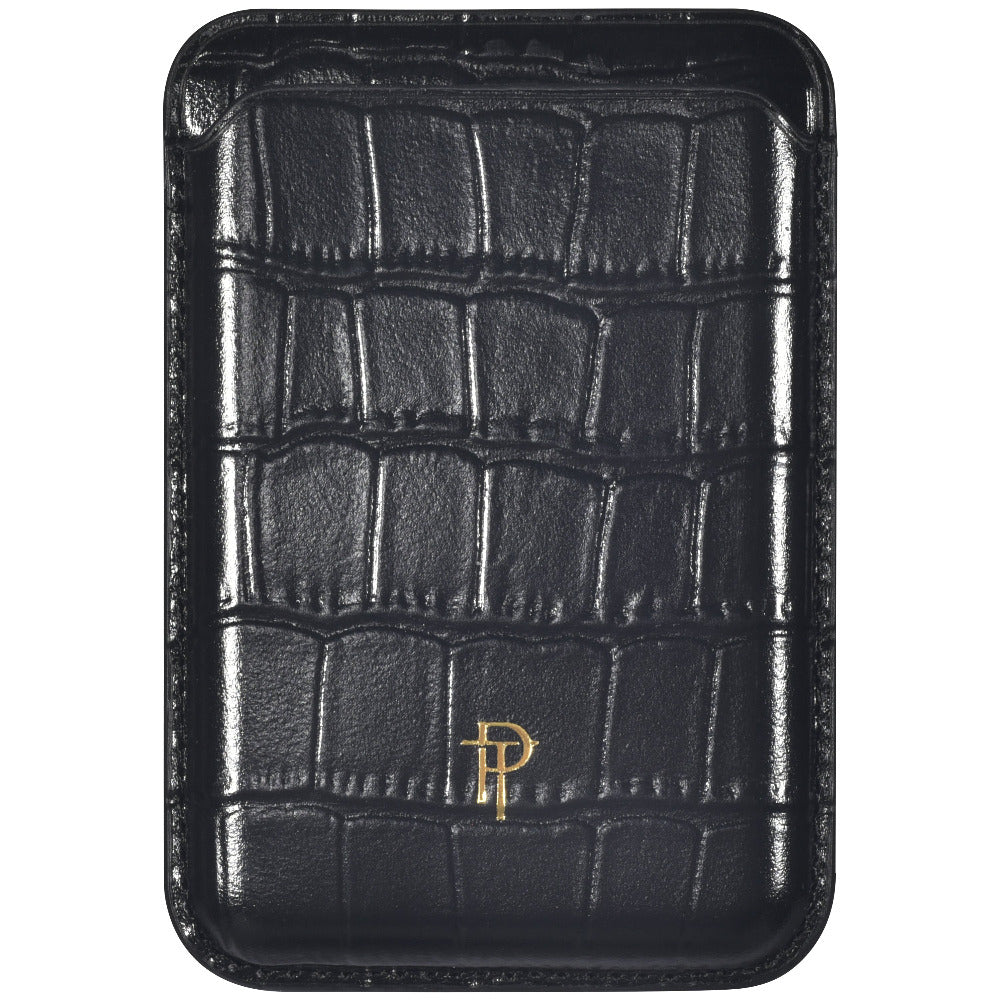 Black croc embossed leather magnetic phone wallet with gold logo, front view