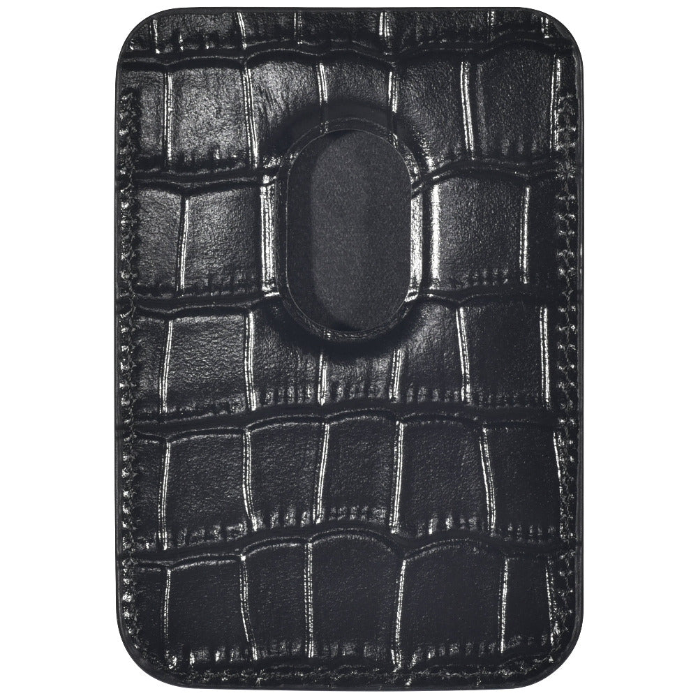 Black croc leather magnetic phone wallet showing magnetic attachment ring