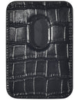 Black croc leather magnetic phone wallet showing magnetic attachment ring