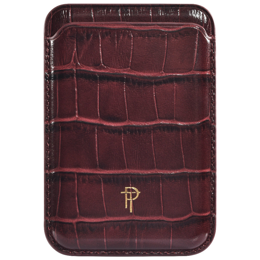 Cherry red croc embossed leather magnetic phone wallet, flat lay front view